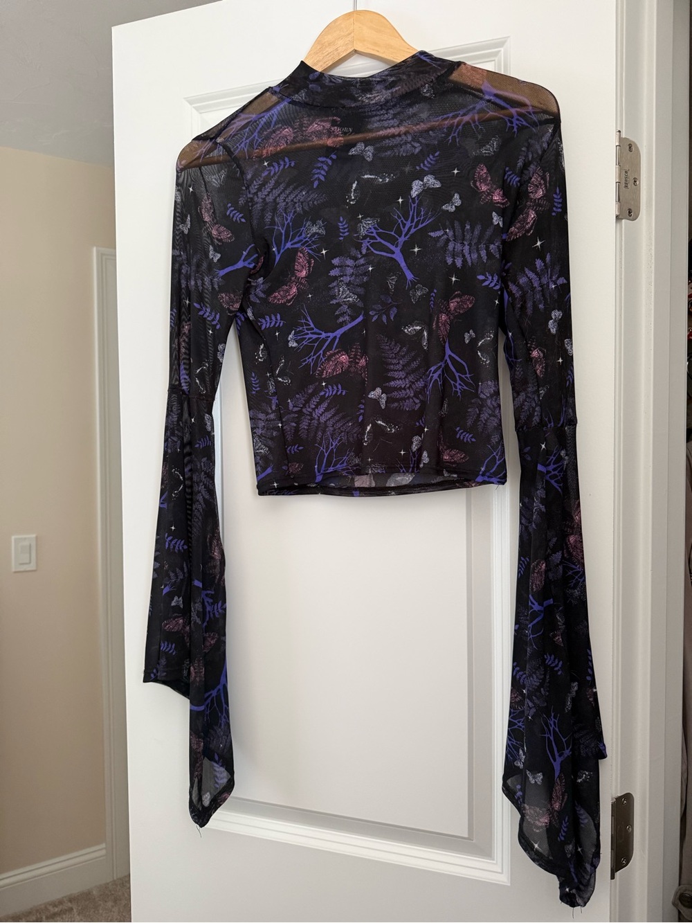 Sheer Black Mesh Crop Top with Purple & Pink Botanical Print